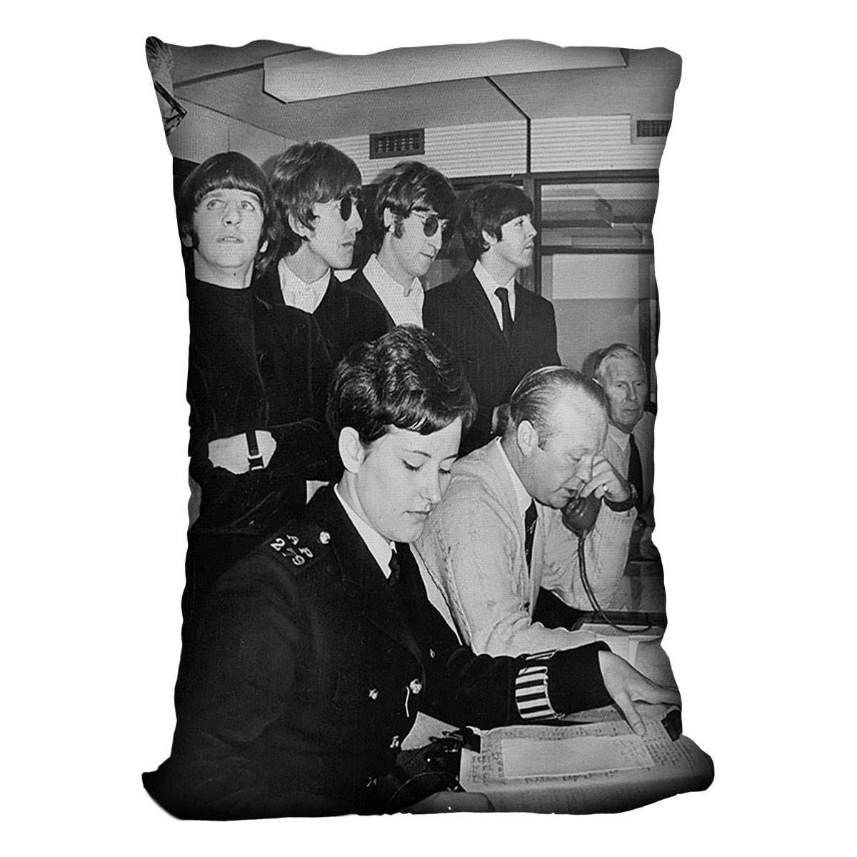 The Beatles with police at London Airport Cushion