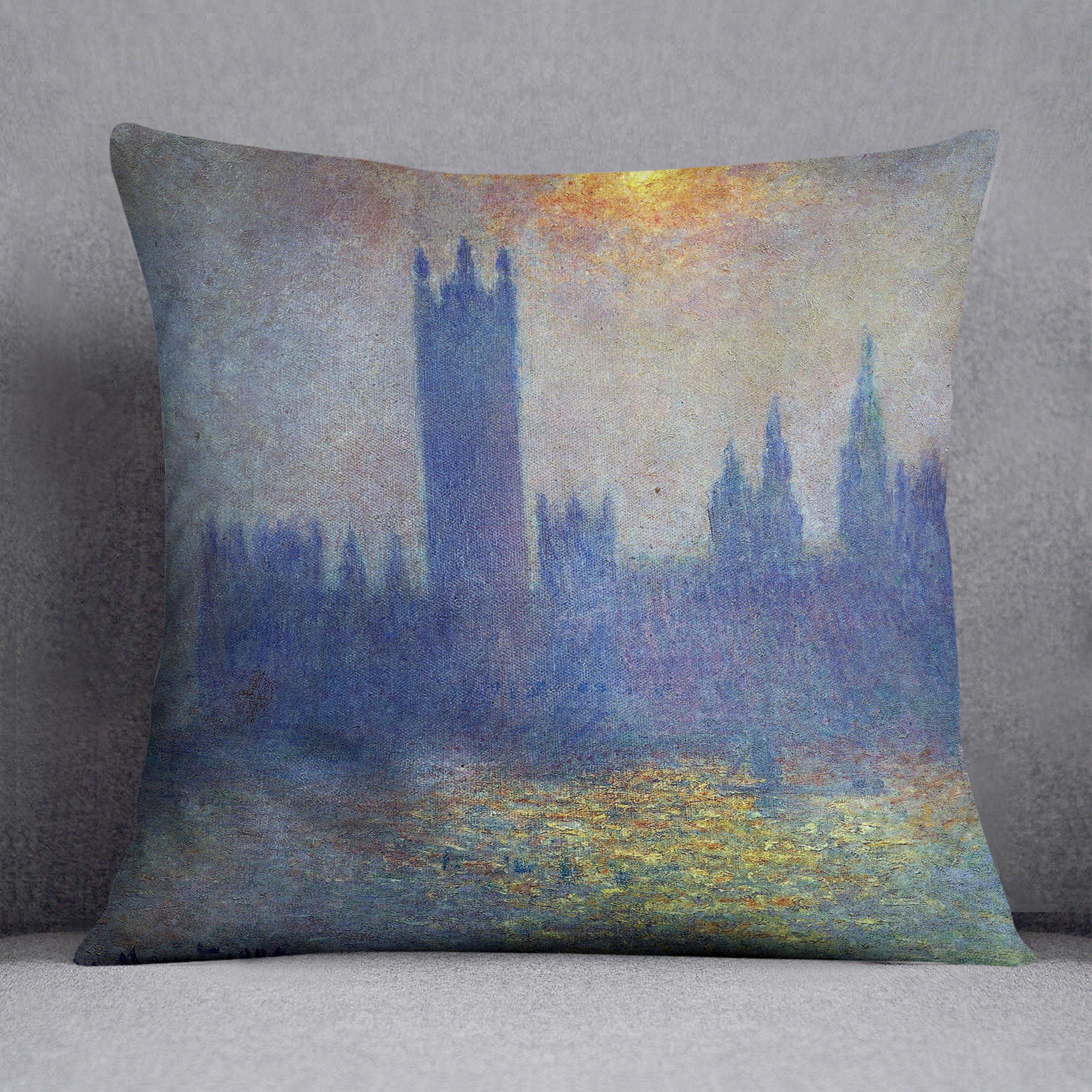 The Houses of Parliament sunlight in the fog by Monet Cushion