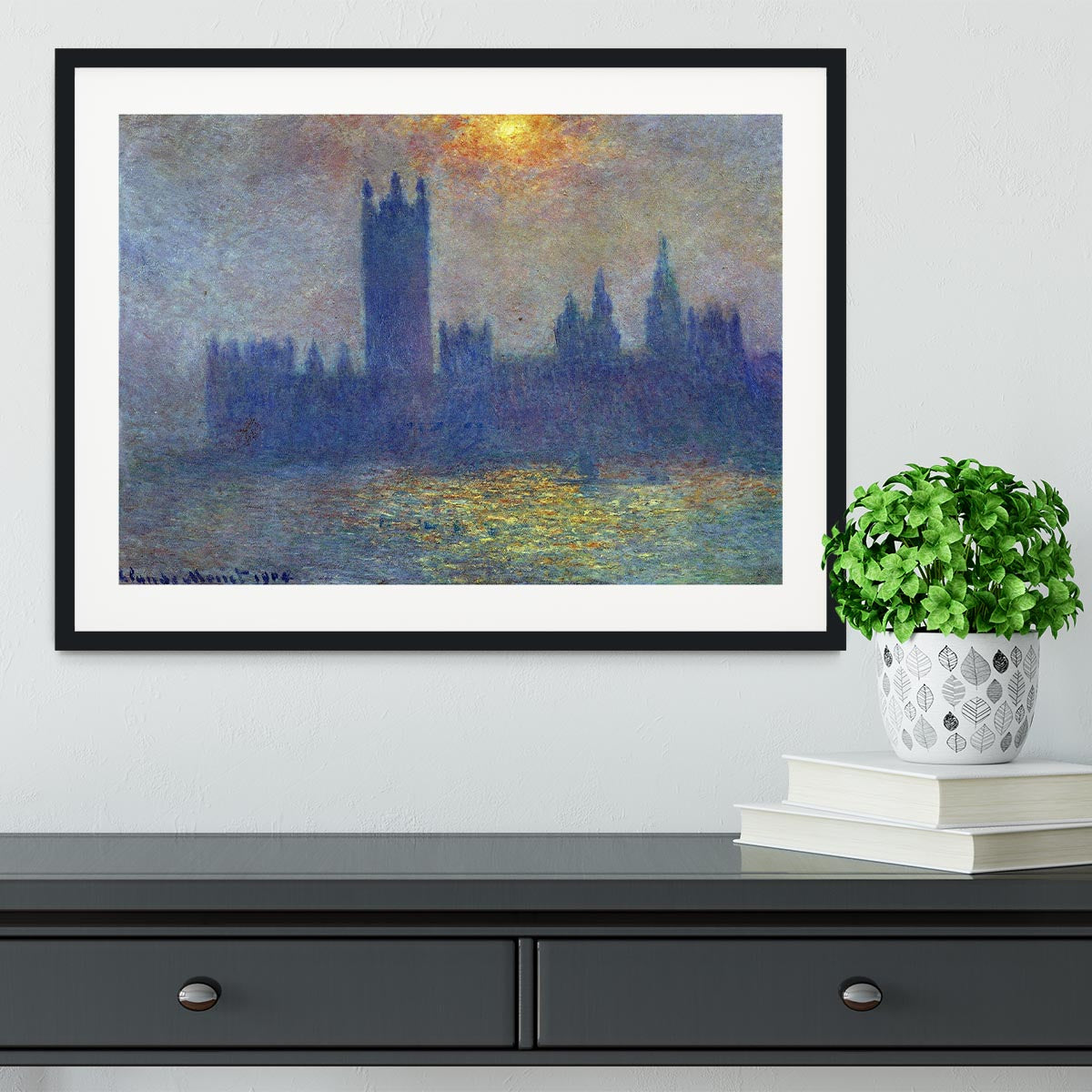 The Houses of Parliament sunlight in the fog by Monet Framed Print - Canvas Art Rocks - 1