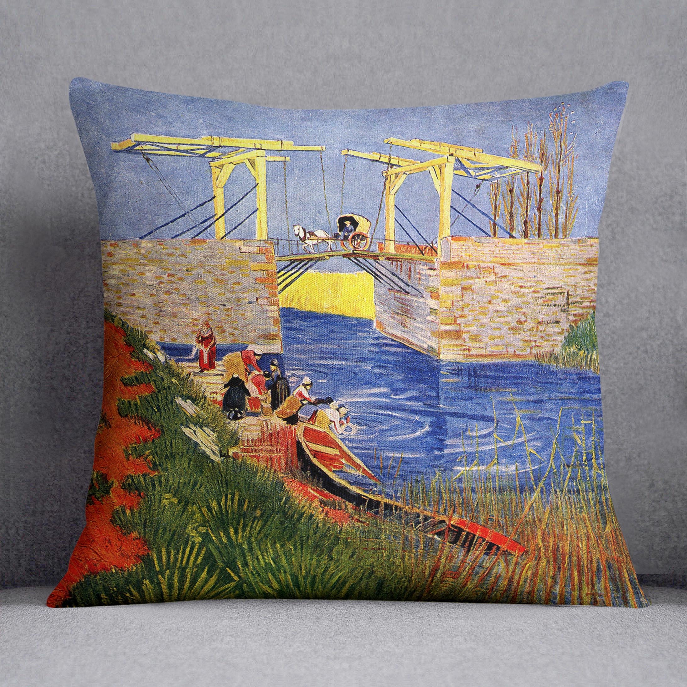 The Langlois Bridge at Arles with Women Washing by Van Gogh Cushion