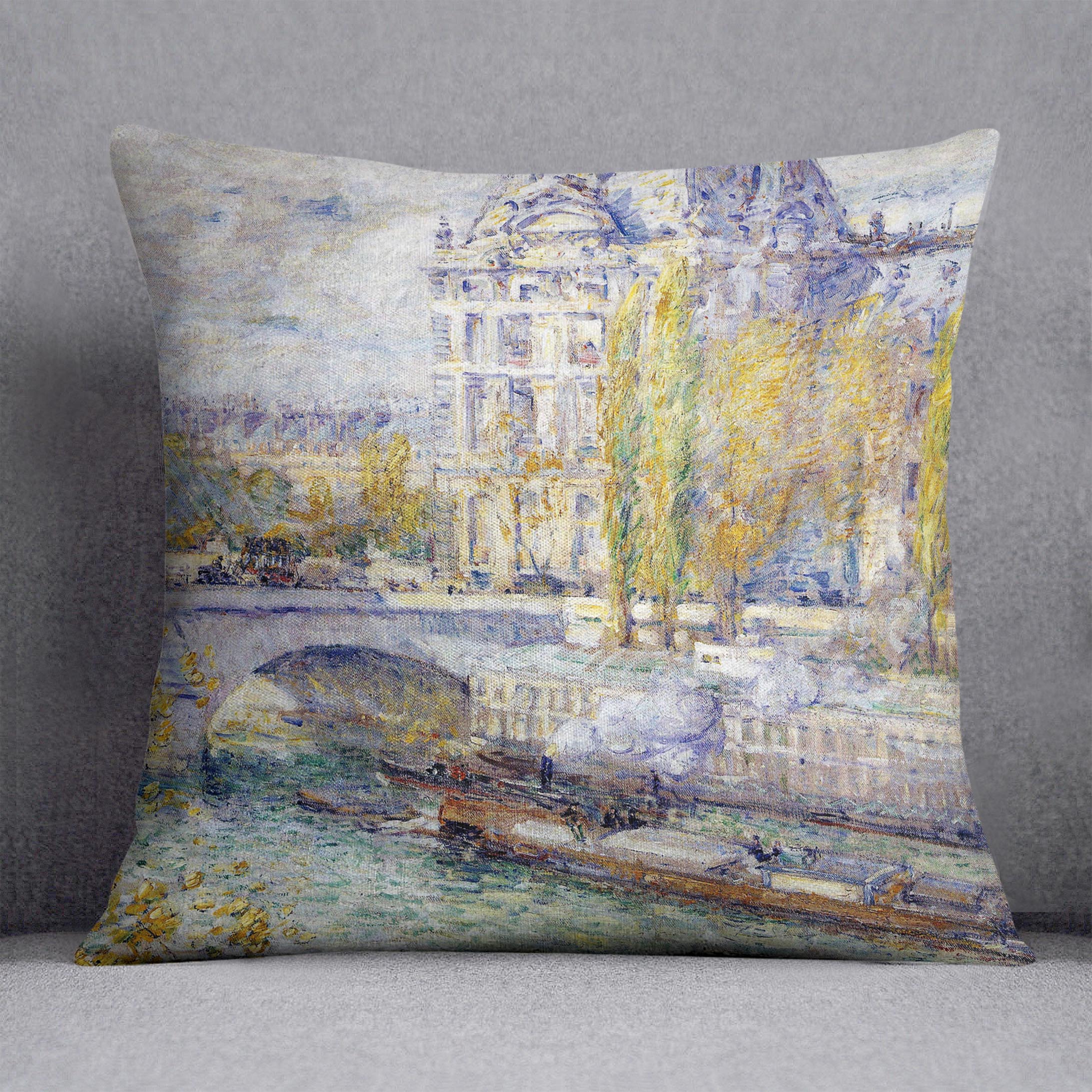 The Louvre on Pont Royal by Hassam Cushion - Canvas Art Rocks - 1
