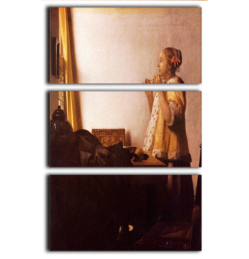 The Pearl Necklace by Vermeer 3 Split Panel Canvas Print - Canvas Art Rocks - 1