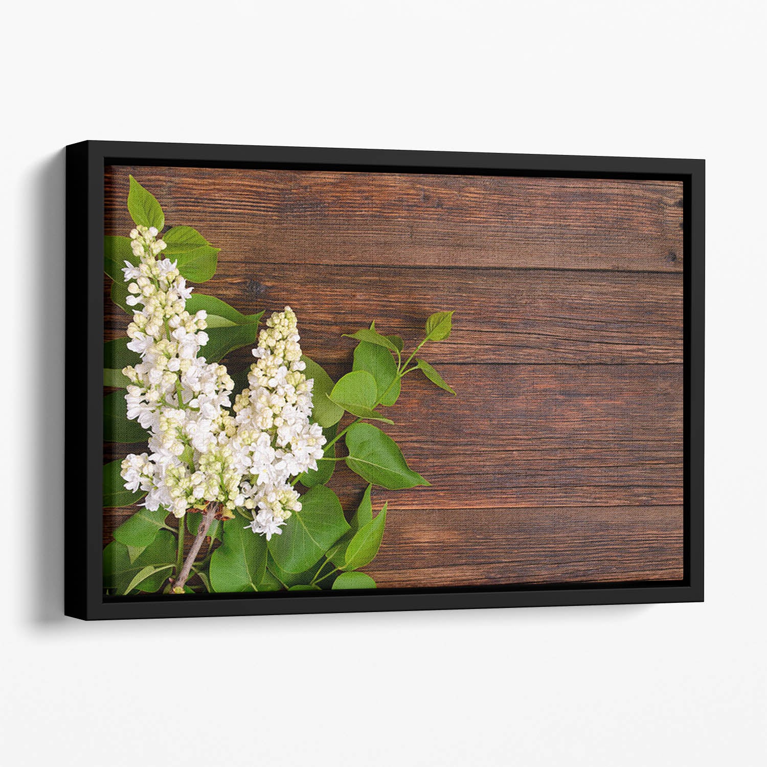 The beautiful lilac on a wooden background Floating Framed Canvas