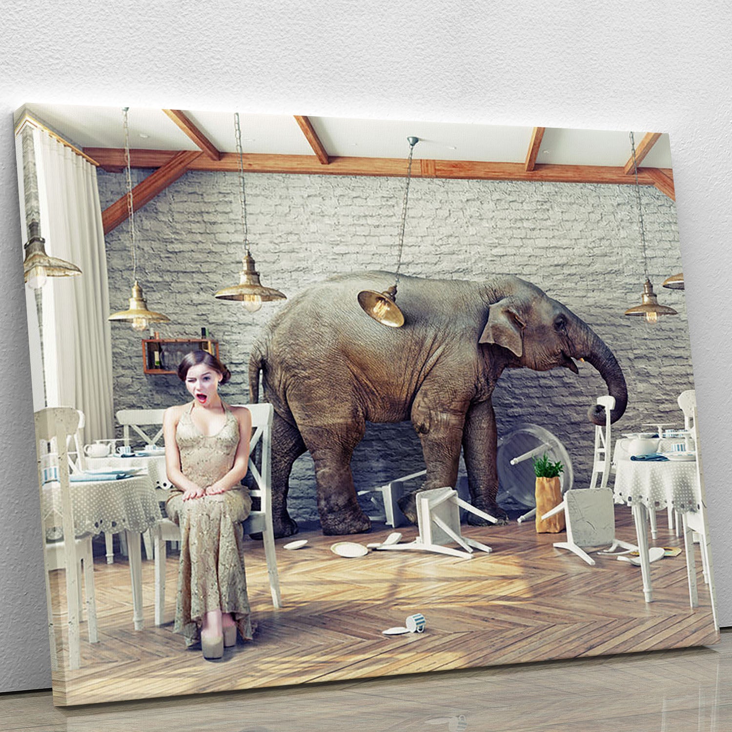 The elephant calm in a restaurant interior. photo combination concept Canvas Print or Poster - Canvas Art Rocks - 1