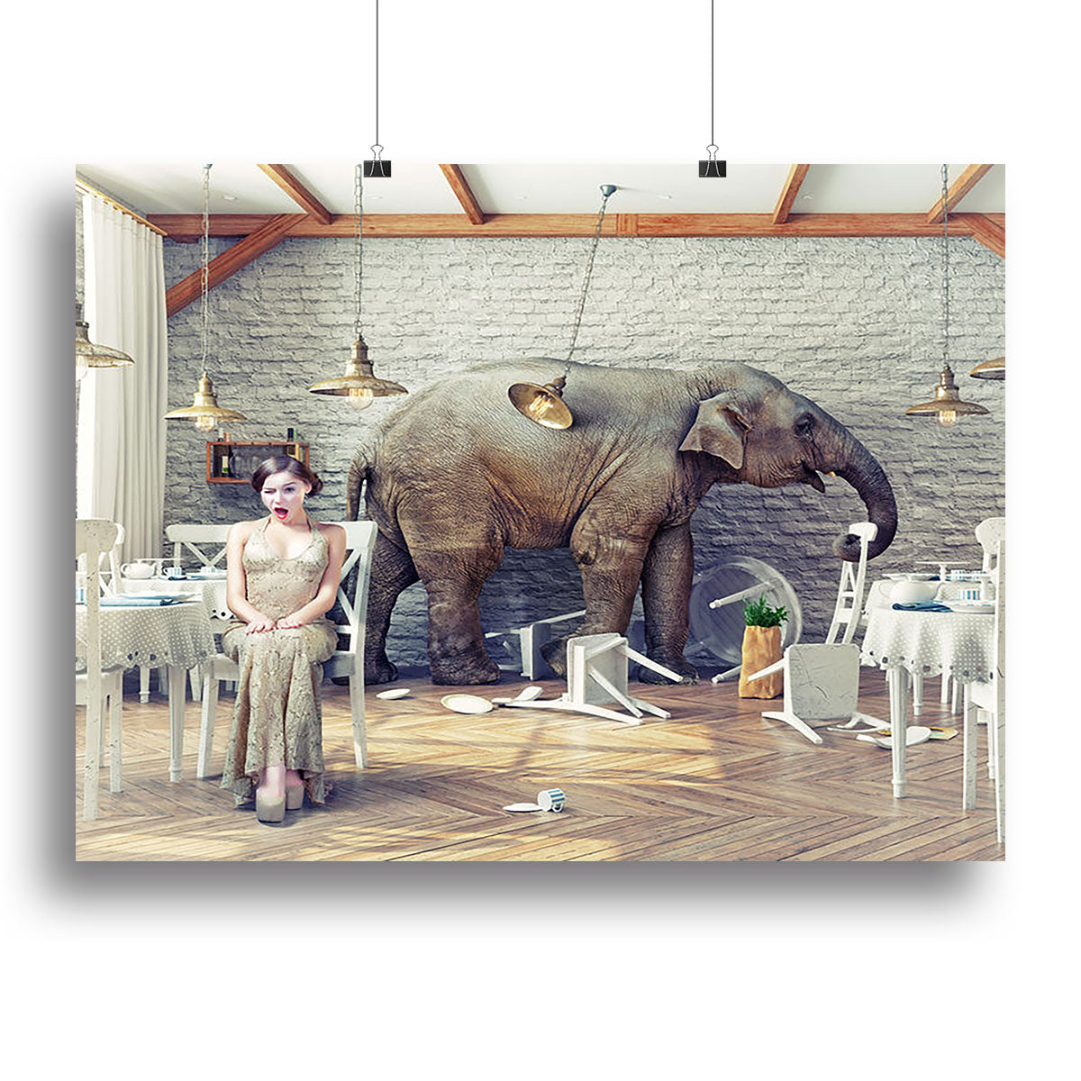 The elephant calm in a restaurant interior. photo combination concept Canvas Print or Poster - Canvas Art Rocks - 2