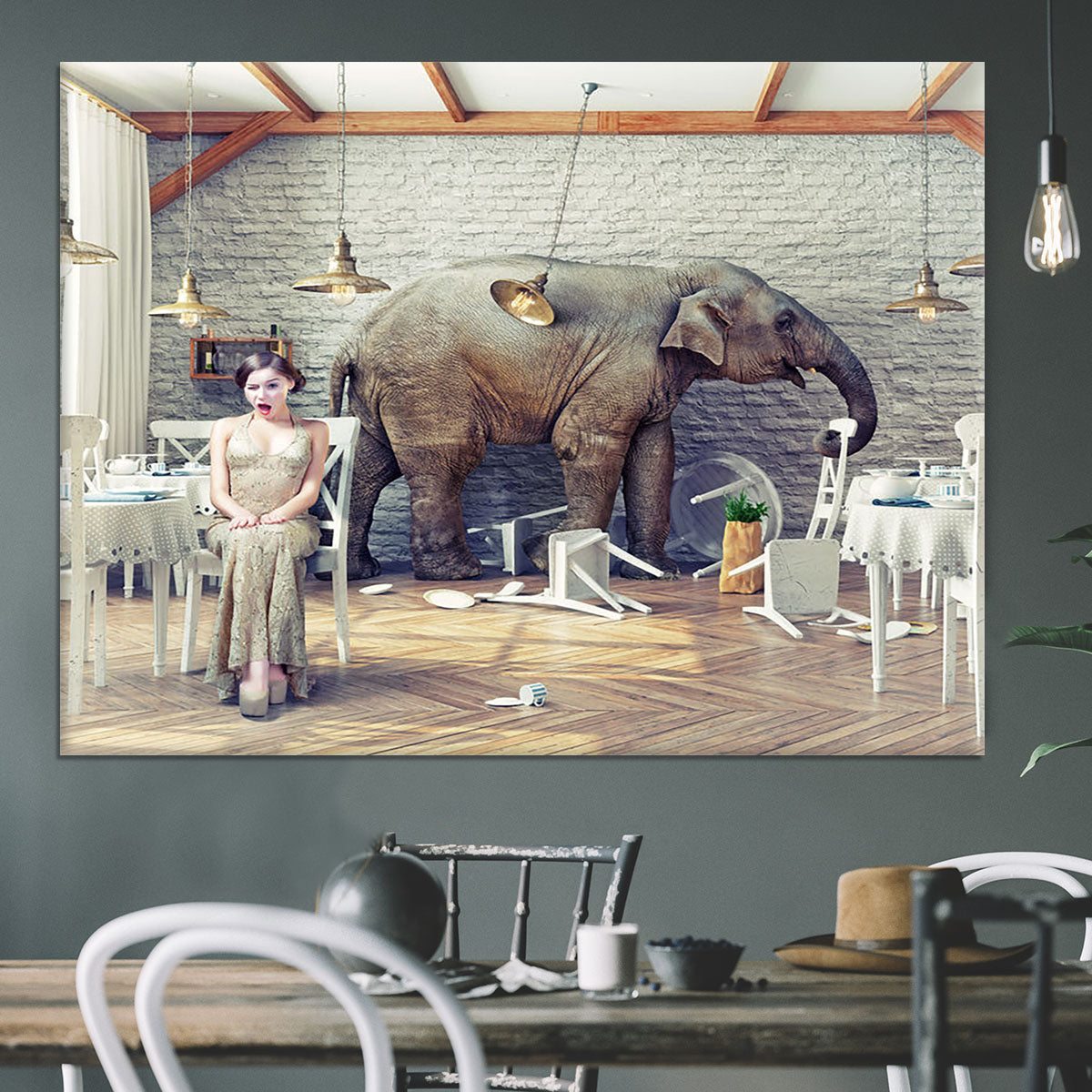 The elephant calm in a restaurant interior. photo combination concept Canvas Print or Poster - Canvas Art Rocks - 3