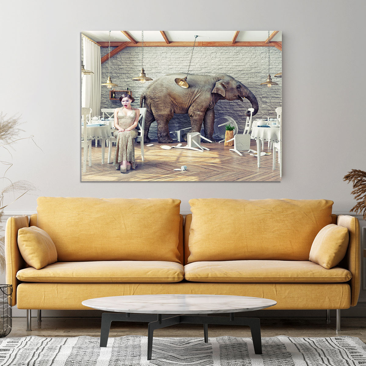 The elephant calm in a restaurant interior. photo combination concept Canvas Print or Poster - Canvas Art Rocks - 4