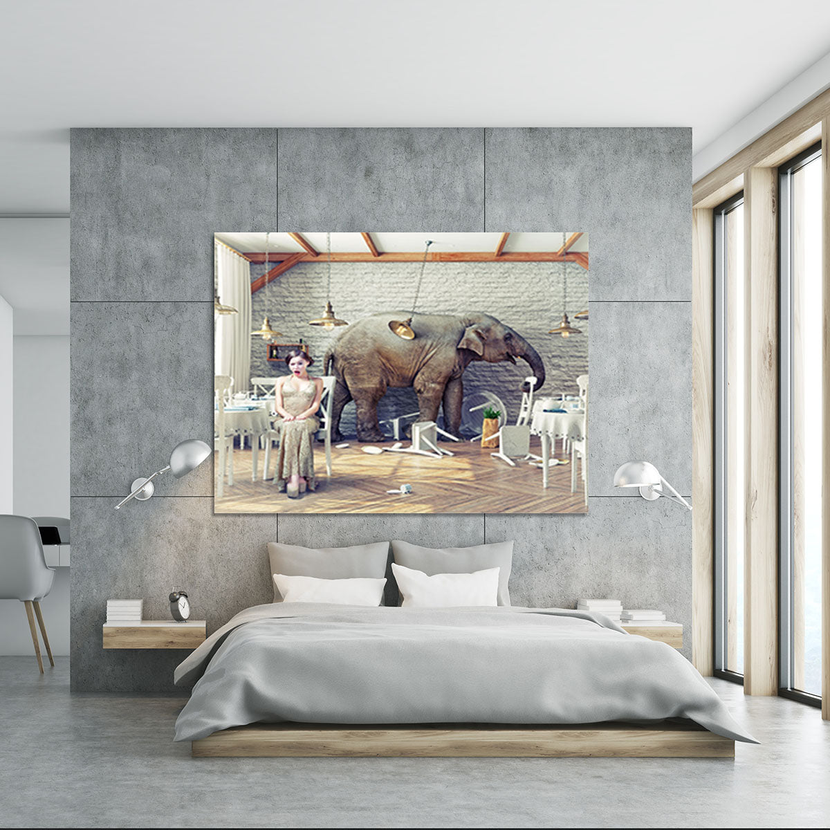 The elephant calm in a restaurant interior. photo combination concept Canvas Print or Poster - Canvas Art Rocks - 5