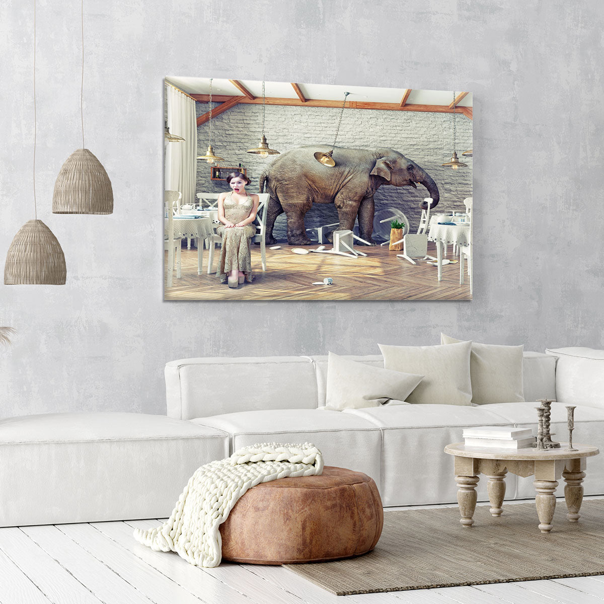 The elephant calm in a restaurant interior. photo combination concept Canvas Print or Poster - Canvas Art Rocks - 6