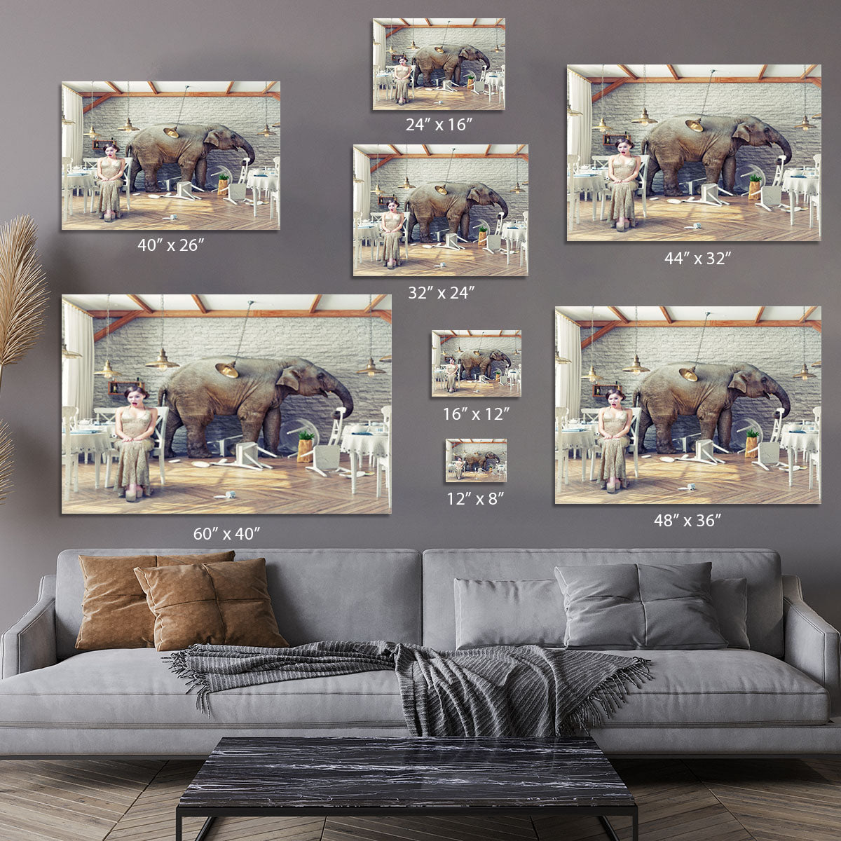 The elephant calm in a restaurant interior. photo combination concept Canvas Print or Poster - Canvas Art Rocks - 7