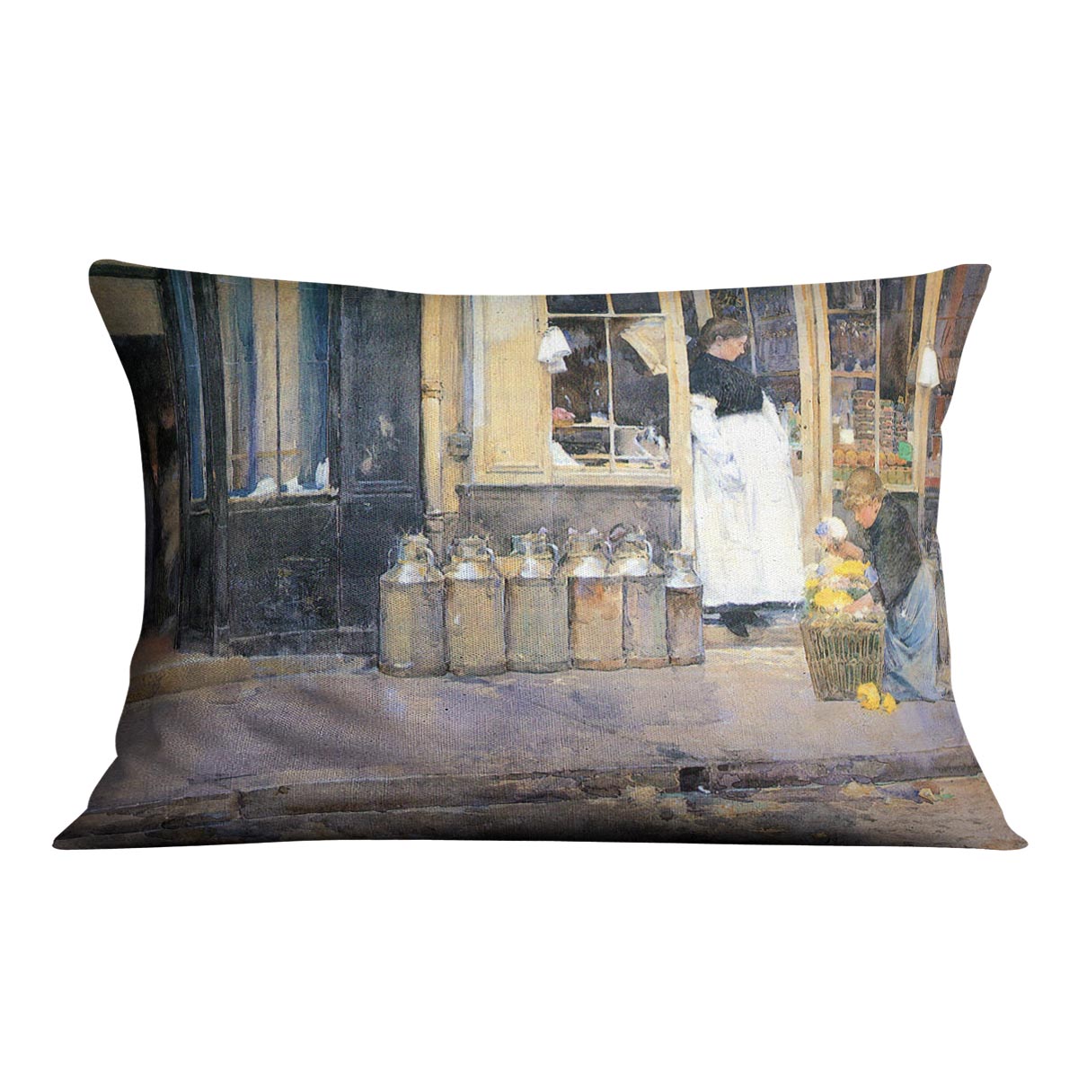 The flower girls and the milk vendor by Hassam Cushion - Canvas Art Rocks - 4