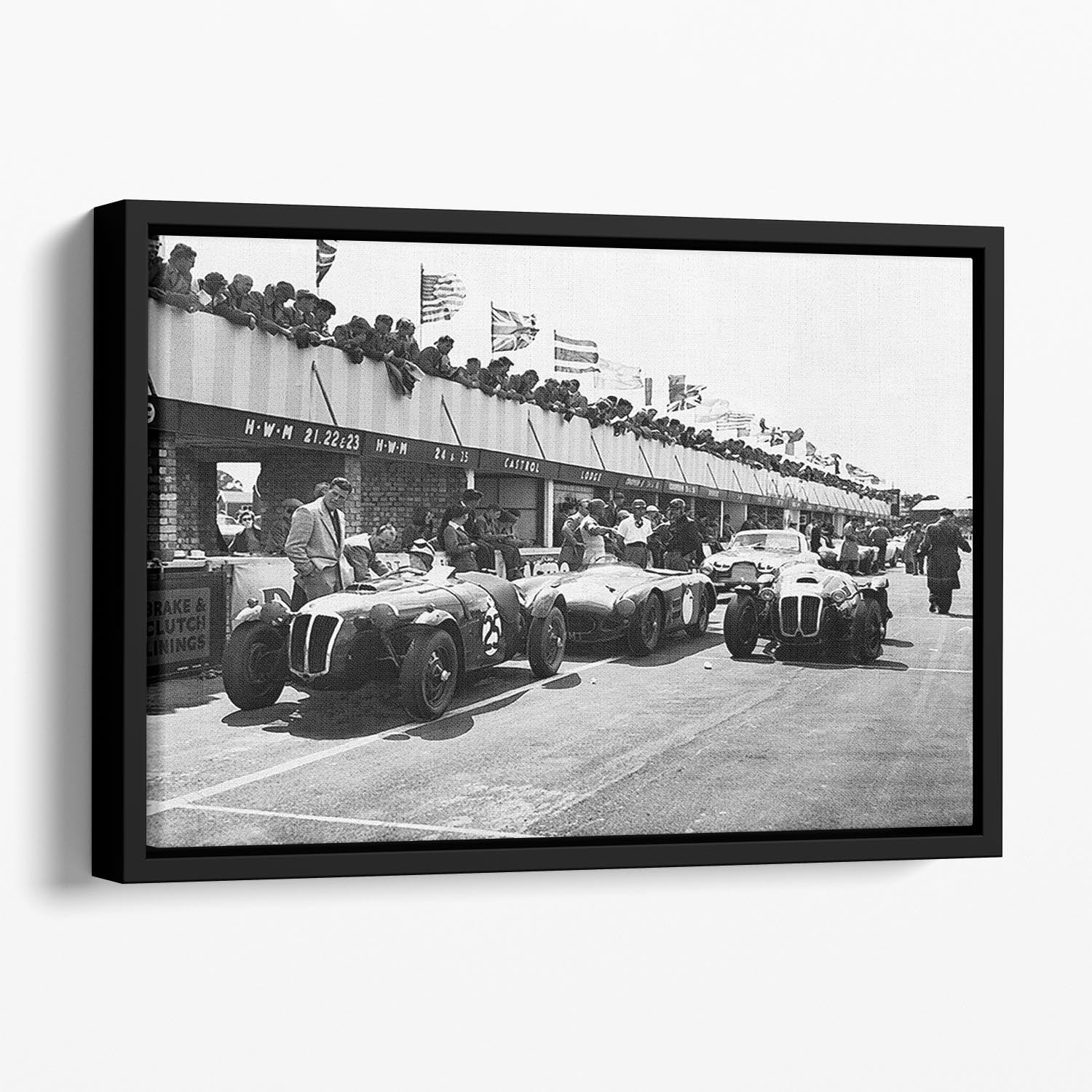 The pit lane at the British Grand Prix at Silverstone in 1953 Floating Framed Canvas - Canvas Art Rocks - 1