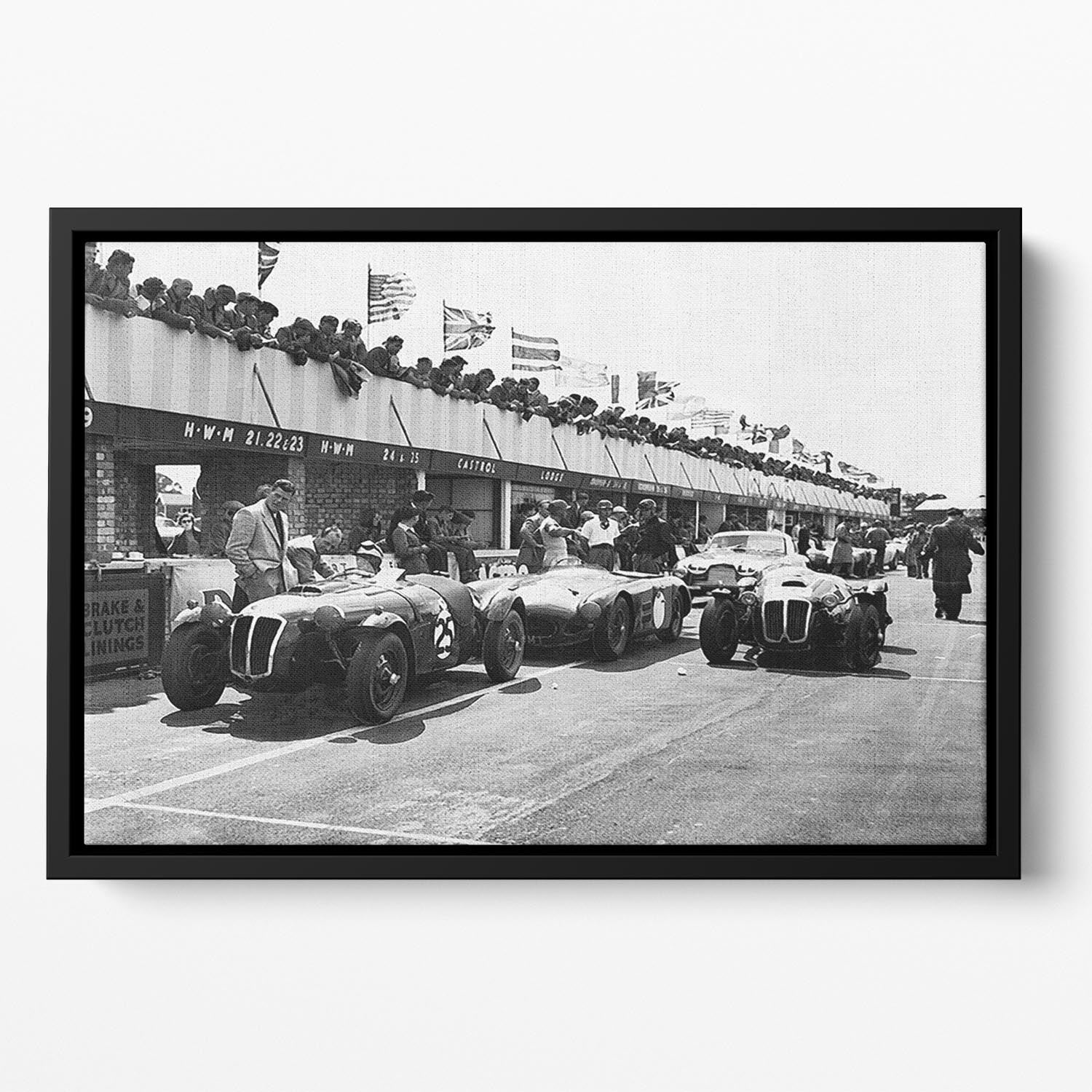 The pit lane at the British Grand Prix at Silverstone in 1953 Floating Framed Canvas - Canvas Art Rocks - 2