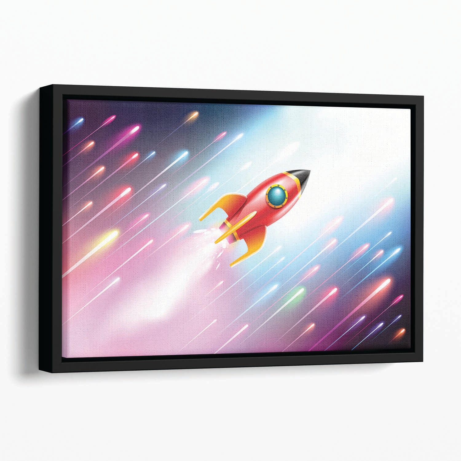 The rocket ship flying in the space Floating Framed Canvas