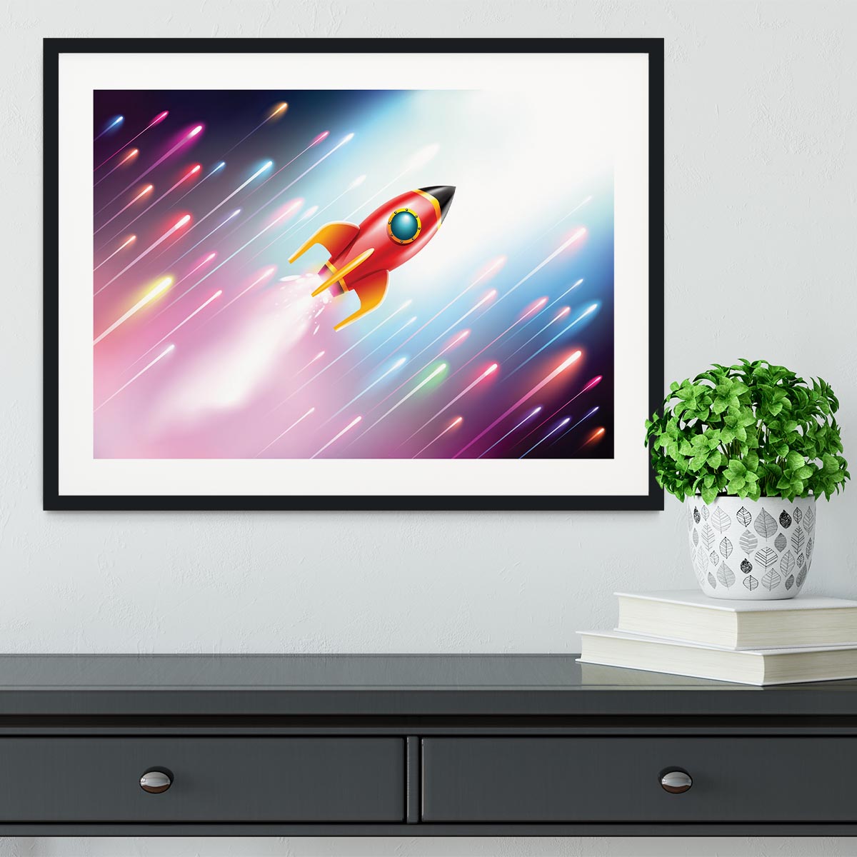 The rocket ship flying in the space Framed Print - Canvas Art Rocks - 1