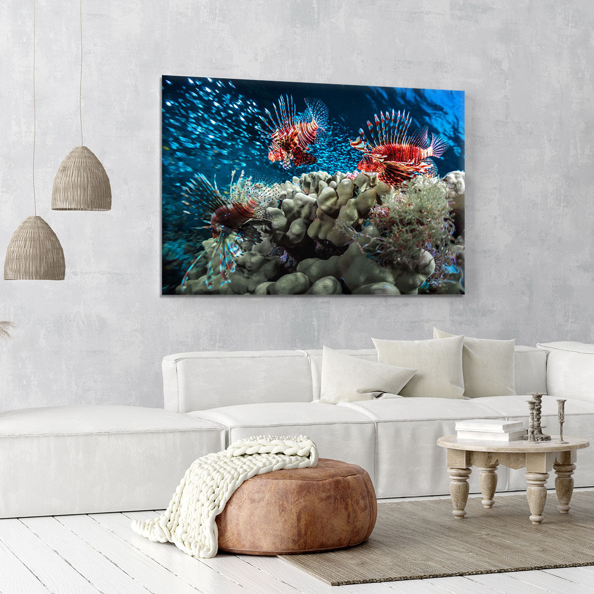 Three Lion fishes and school of bait fish Canvas Print or Poster - Canvas Art Rocks - 6
