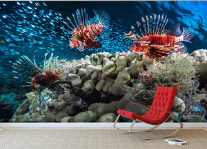 Three Lion fishes and school of bait fish Wall Mural Wallpaper - Canvas Art Rocks - 2