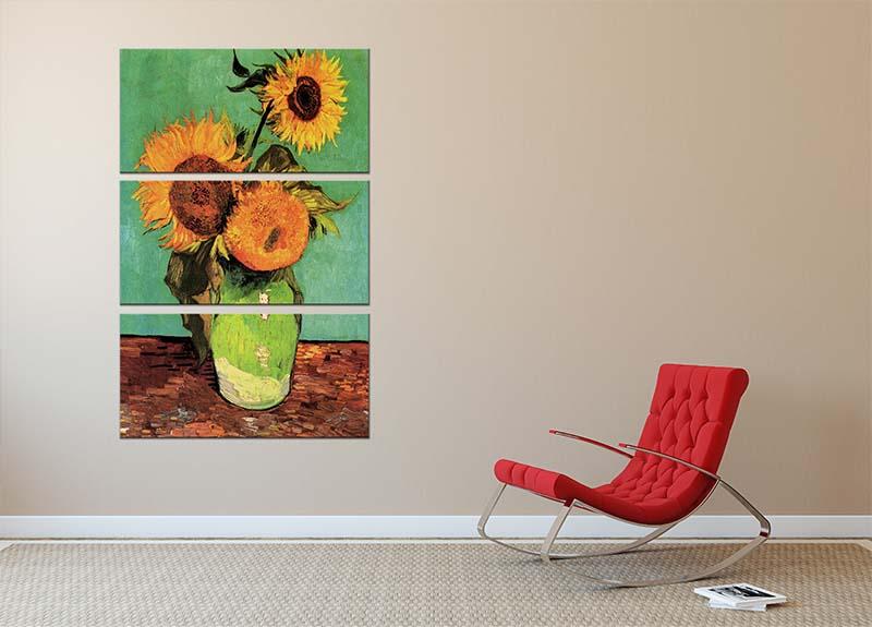 Three Sunflowers in a Vase by Van Gogh 3 Split Panel Canvas Print - Canvas Art Rocks - 2