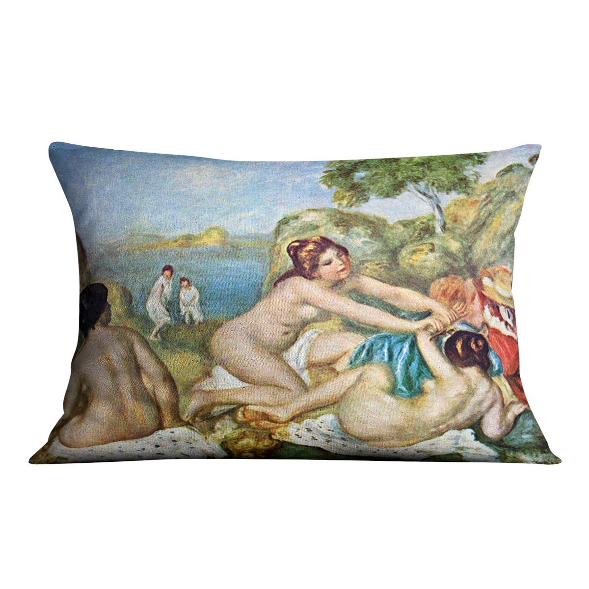 Three bathing girls with crab by Renoir Cushion