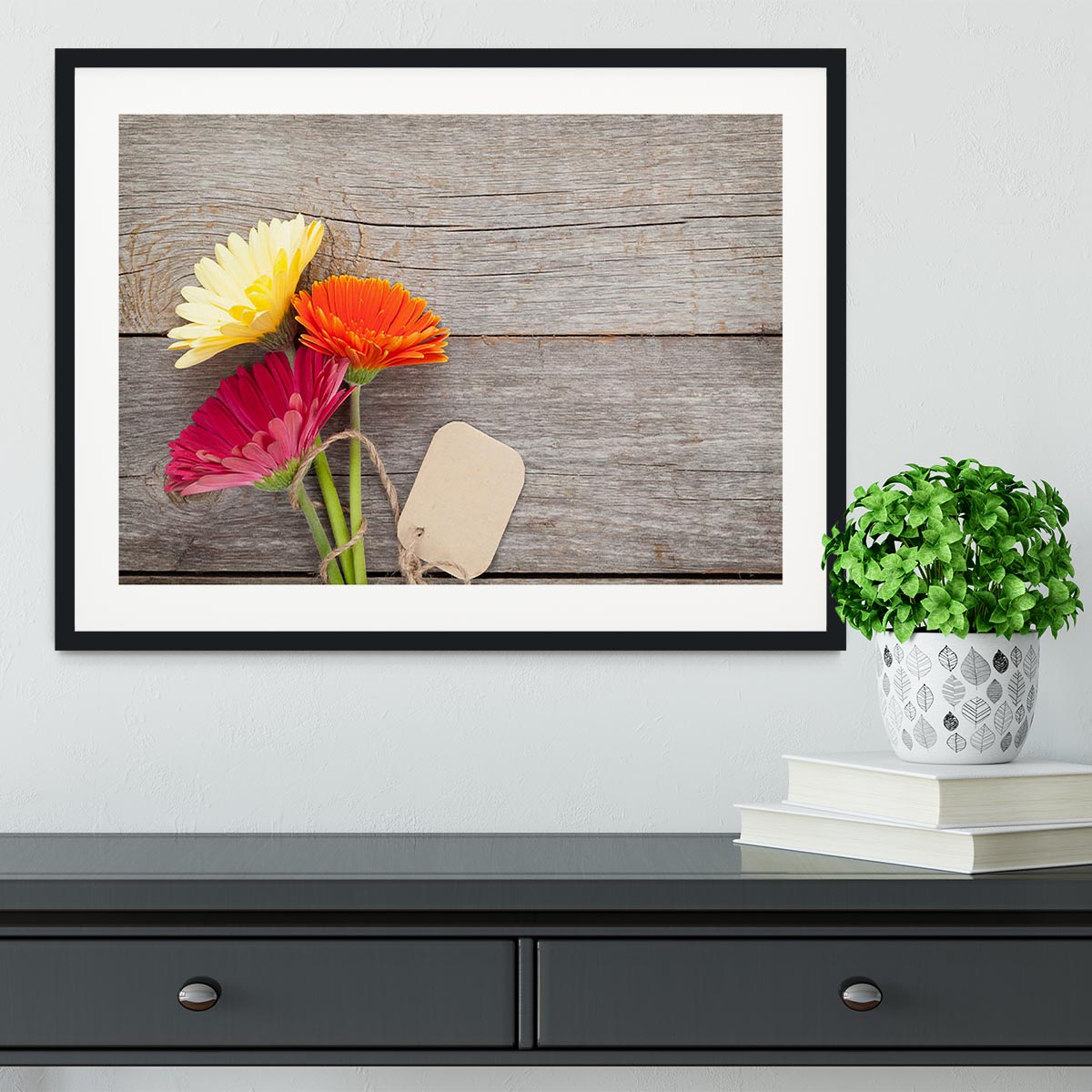 Three colorful gerbera flowers Framed Print - Canvas Art Rocks - 1