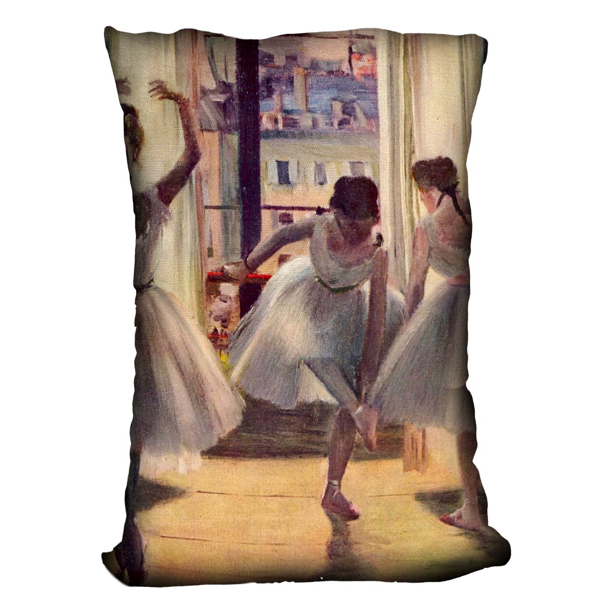 Three dancers in a practice room by Degas Cushion
