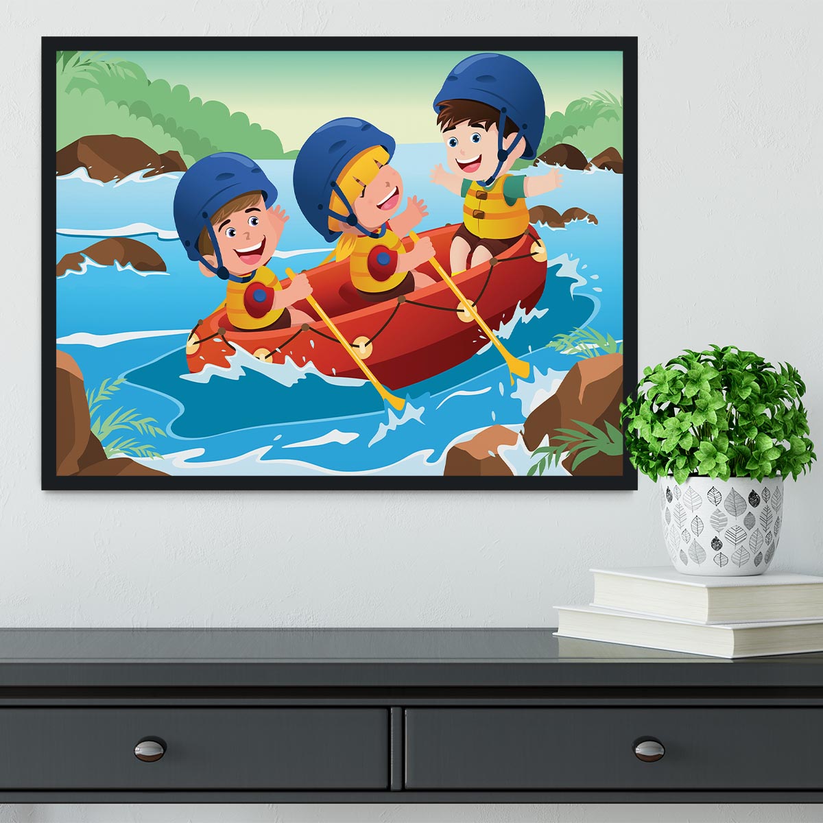 Three happy kids on boat Framed Print - Canvas Art Rocks - 2