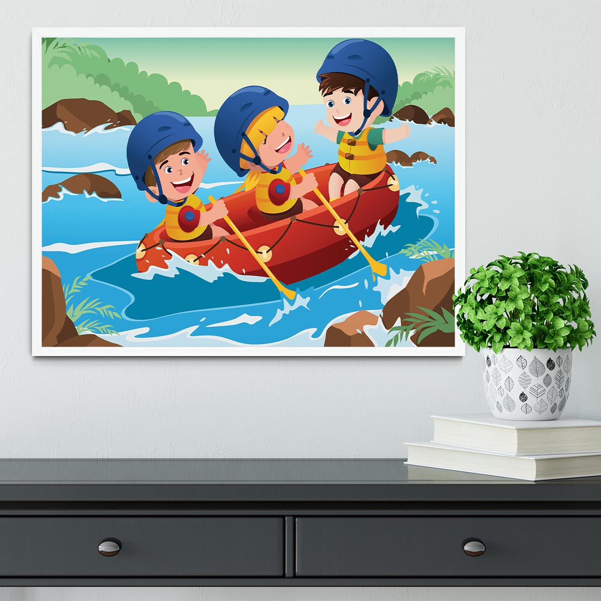 Three happy kids on boat Framed Print - Canvas Art Rocks -6