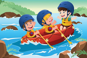 Three happy kids on boat Wall Mural Wallpaper - Canvas Art Rocks - 1