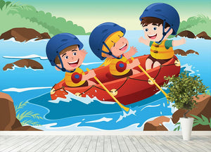 Three happy kids on boat Wall Mural Wallpaper - Canvas Art Rocks - 4