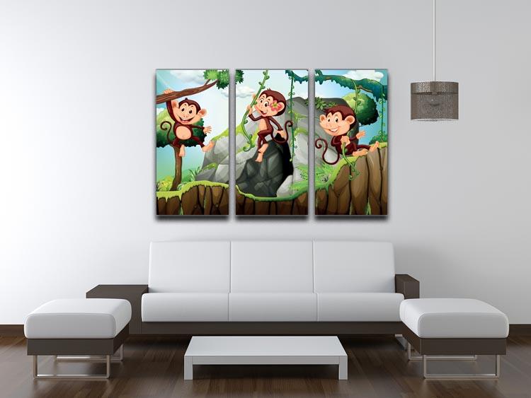 Three monkeys hanging on the branch 3 Split Panel Canvas Print - Canvas Art Rocks - 3
