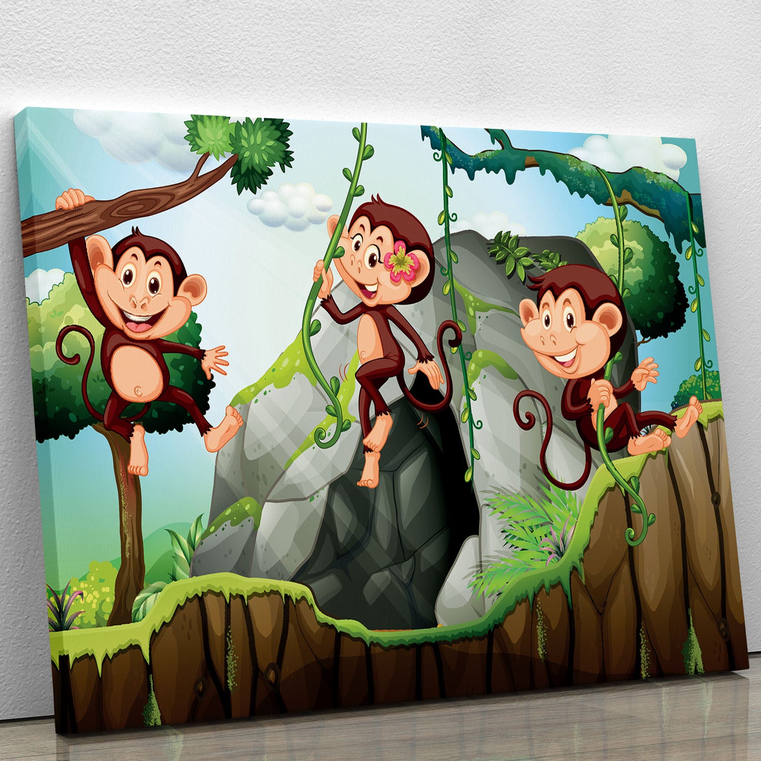 Three monkeys hanging on the branch Canvas Print or Poster - Canvas Art Rocks - 1