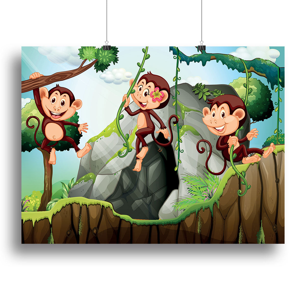 Three monkeys hanging on the branch Canvas Print or Poster - Canvas Art Rocks - 2
