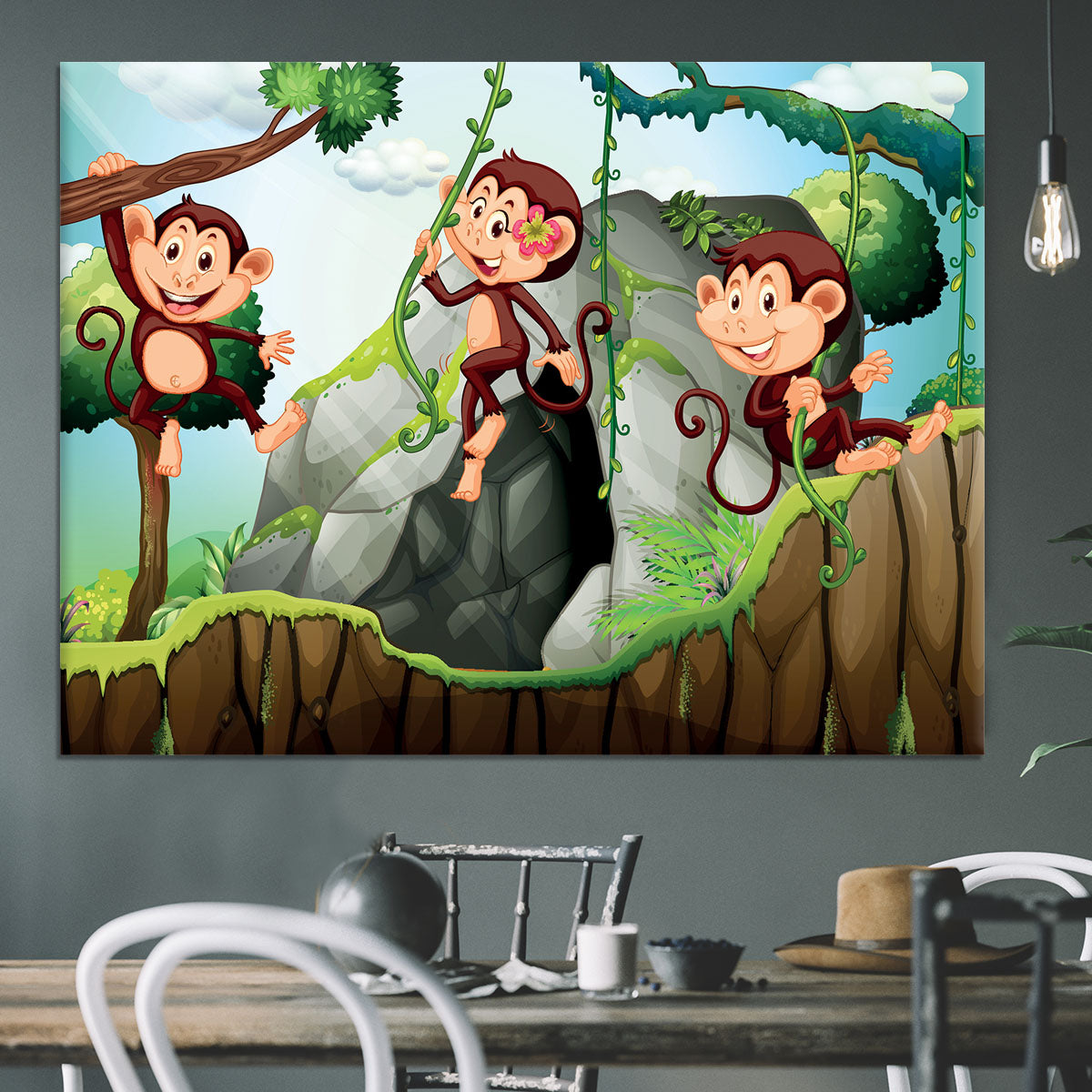 Three monkeys hanging on the branch Canvas Print or Poster - Canvas Art Rocks - 3