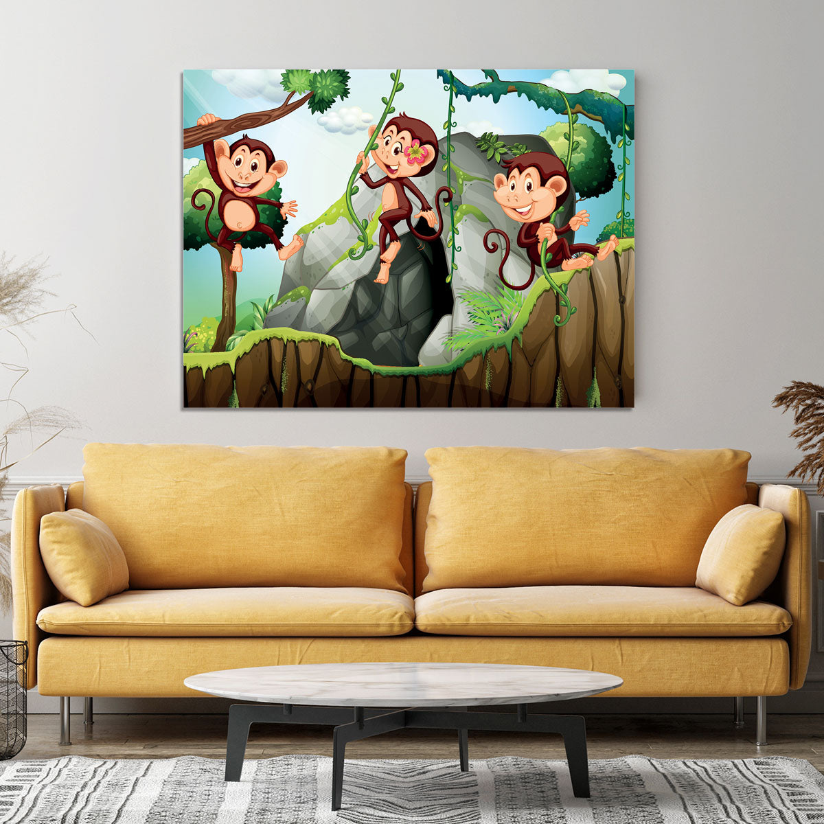 Three monkeys hanging on the branch Canvas Print or Poster - Canvas Art Rocks - 4