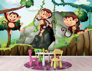 Three monkeys hanging on the branch Wall Mural Wallpaper - Canvas Art Rocks - 2