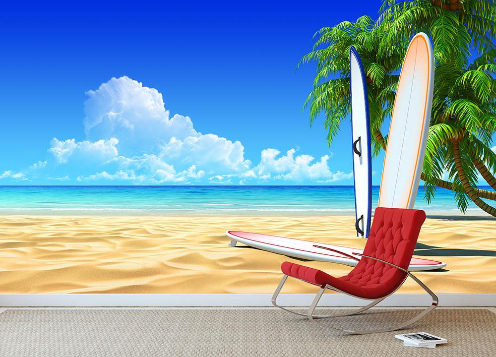 Three surf boards on idyllic tropical sand beach Wall Mural Wallpaper - Canvas Art Rocks - 2