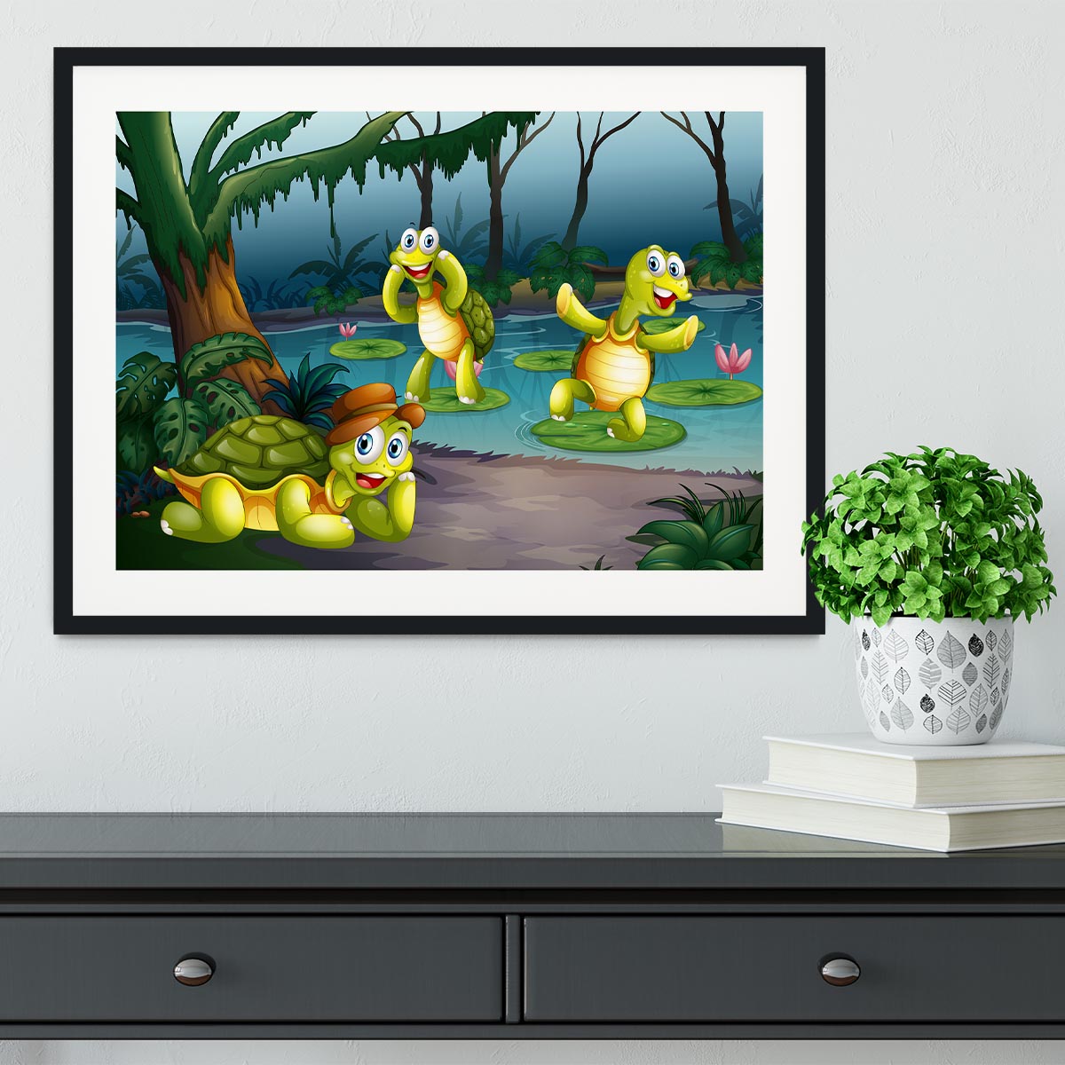 Three turtles living in the pond Framed Print - Canvas Art Rocks - 1