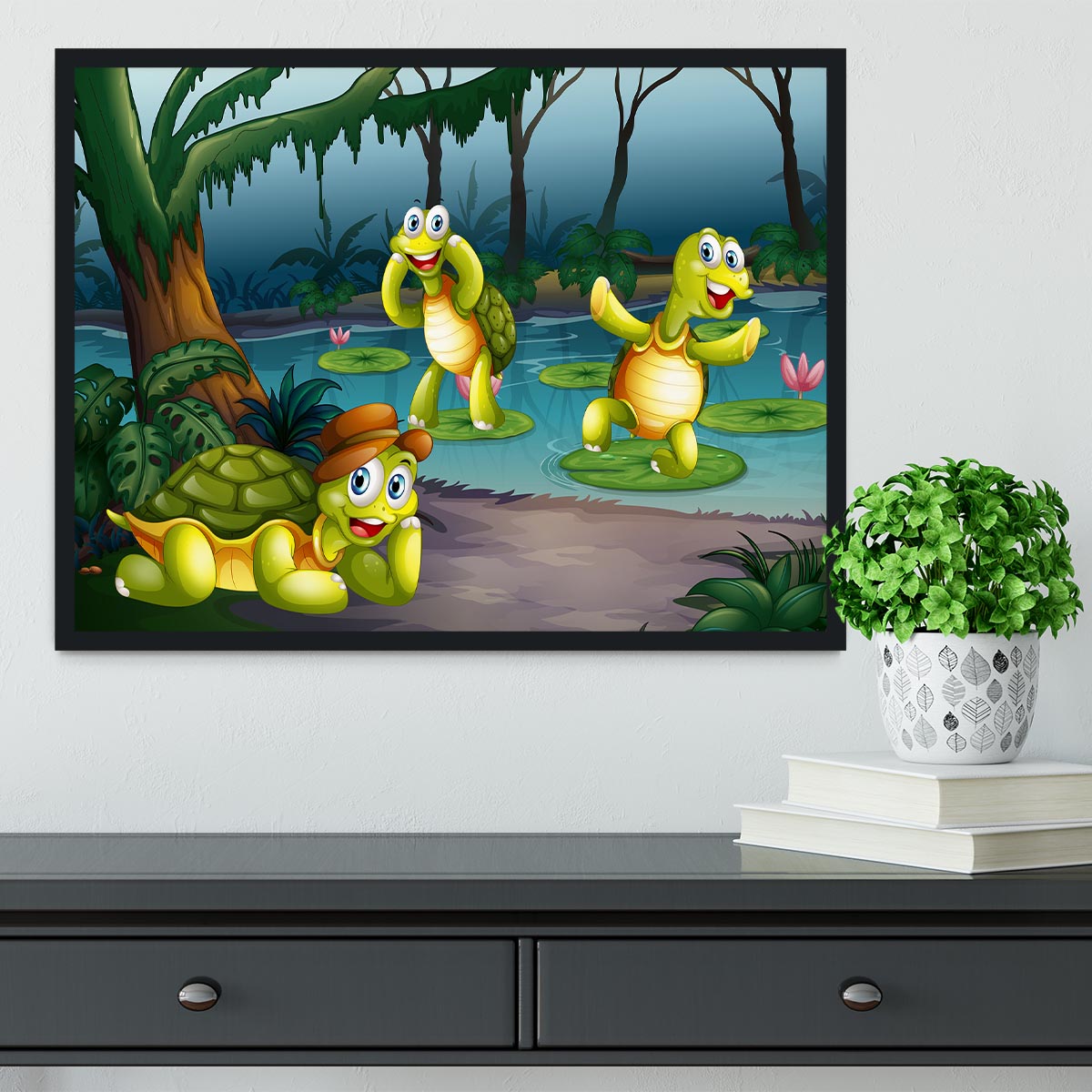 Three turtles living in the pond Framed Print - Canvas Art Rocks - 2