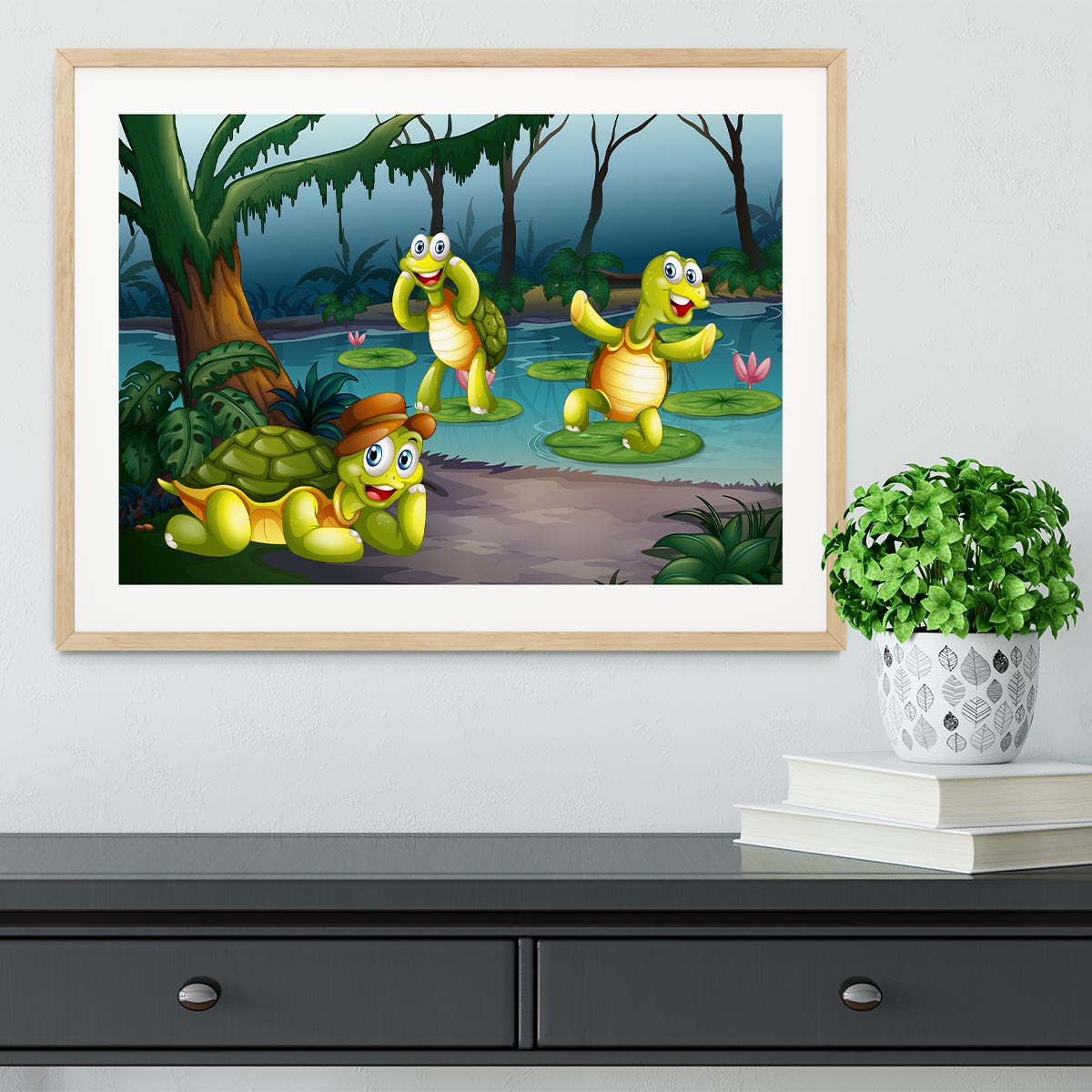Three turtles living in the pond Framed Print - Canvas Art Rocks - 3