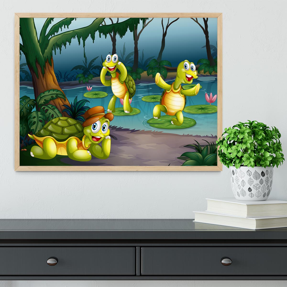 Three turtles living in the pond Framed Print - Canvas Art Rocks - 4