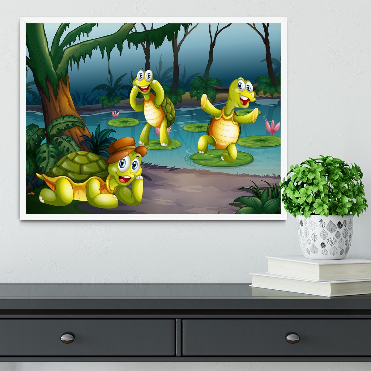 Three turtles living in the pond Framed Print - Canvas Art Rocks -6