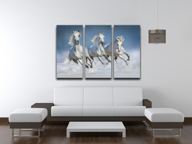 Three white horse run gallop in snow 3 Split Panel Canvas Print - Canvas Art Rocks - 3