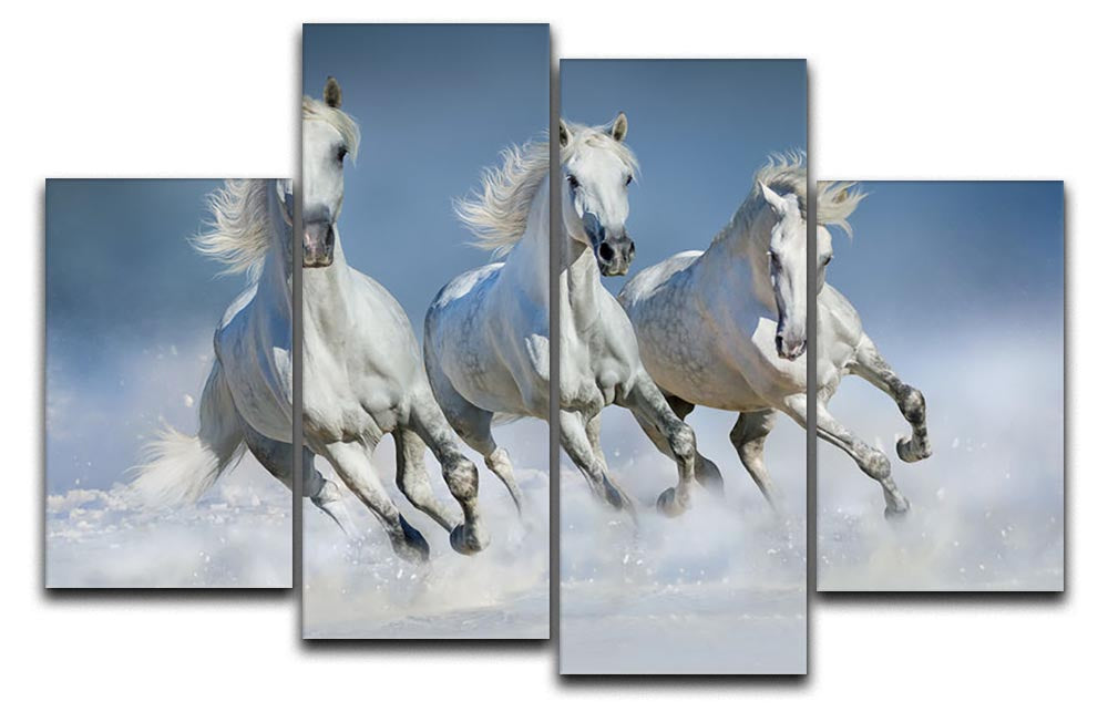 Three white horse run gallop in snow 4 Split Panel Canvas - Canvas Art Rocks - 1
