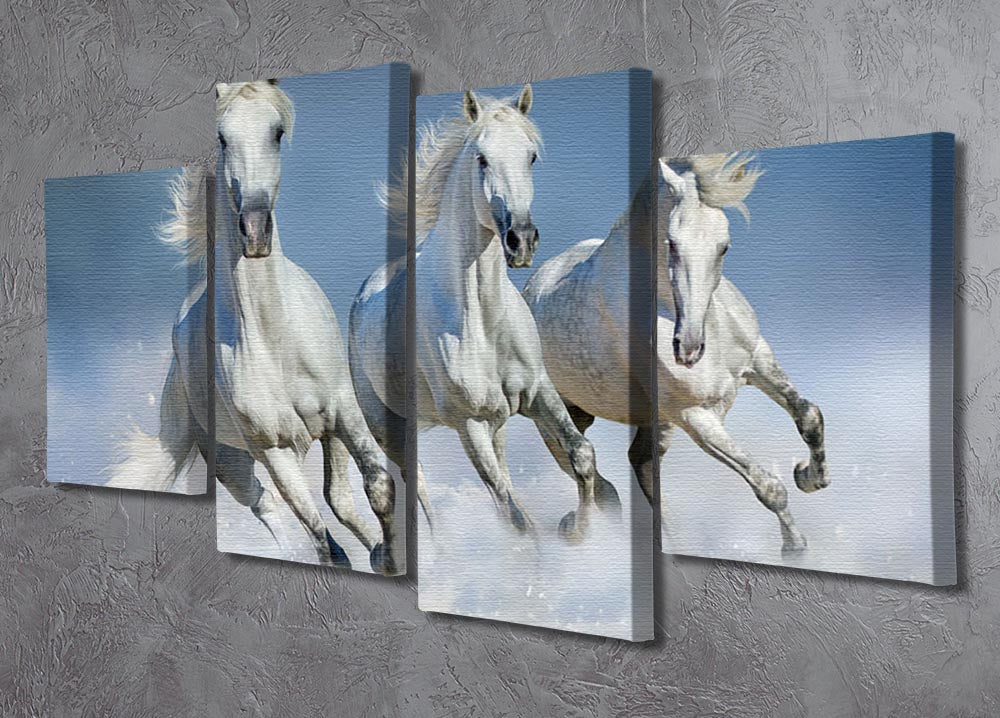 Three white horse run gallop in snow 4 Split Panel Canvas - Canvas Art Rocks - 2