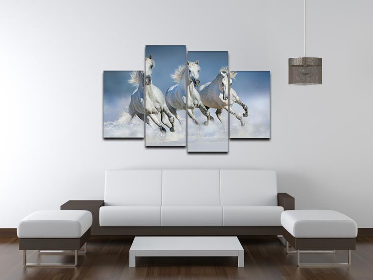 Three white horse run gallop in snow 4 Split Panel Canvas - Canvas Art Rocks - 3