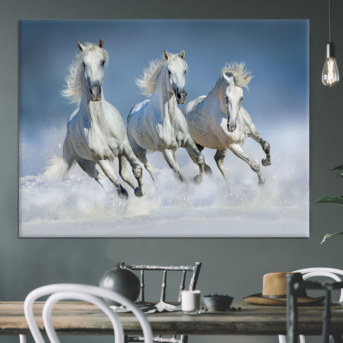 Three white horse run gallop in snow Canvas Print or Poster - Canvas Art Rocks - 3