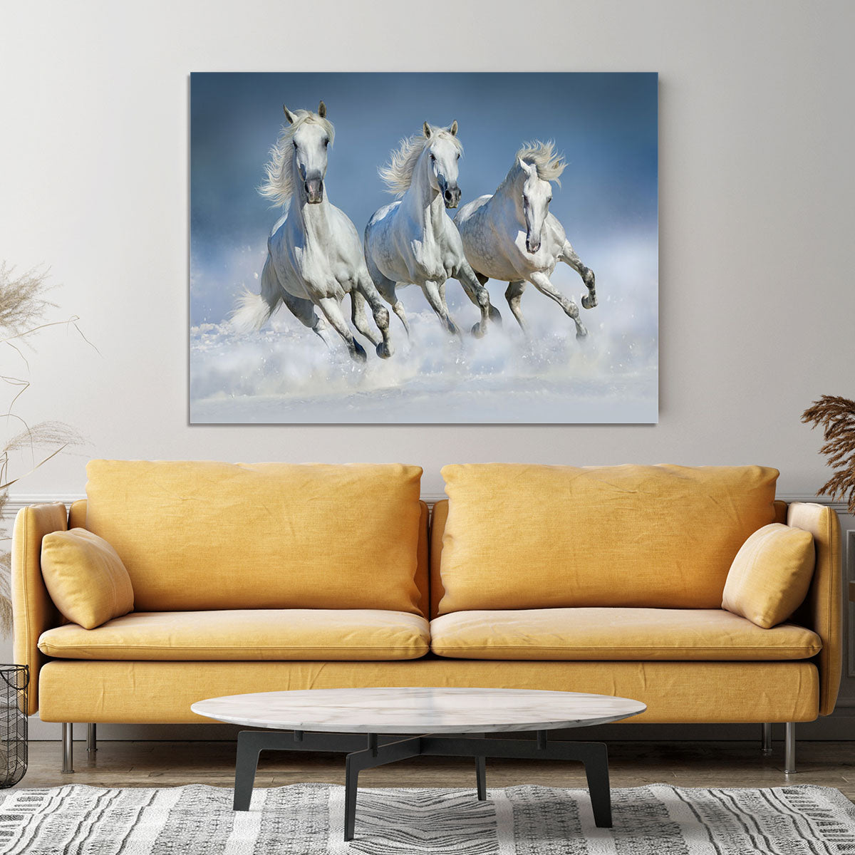 Three white horse run gallop in snow Canvas Print or Poster - Canvas Art Rocks - 4