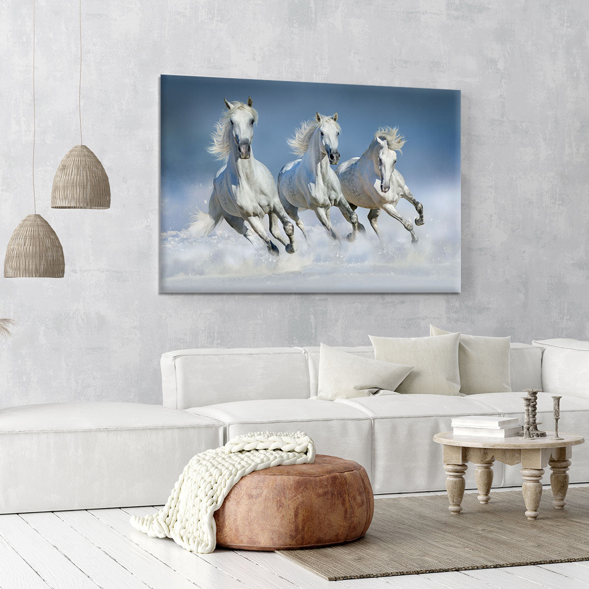 Three white horse run gallop in snow Canvas Print or Poster - Canvas Art Rocks - 6