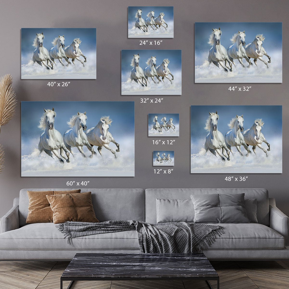 Three white horse run gallop in snow Canvas Print or Poster - Canvas Art Rocks - 7