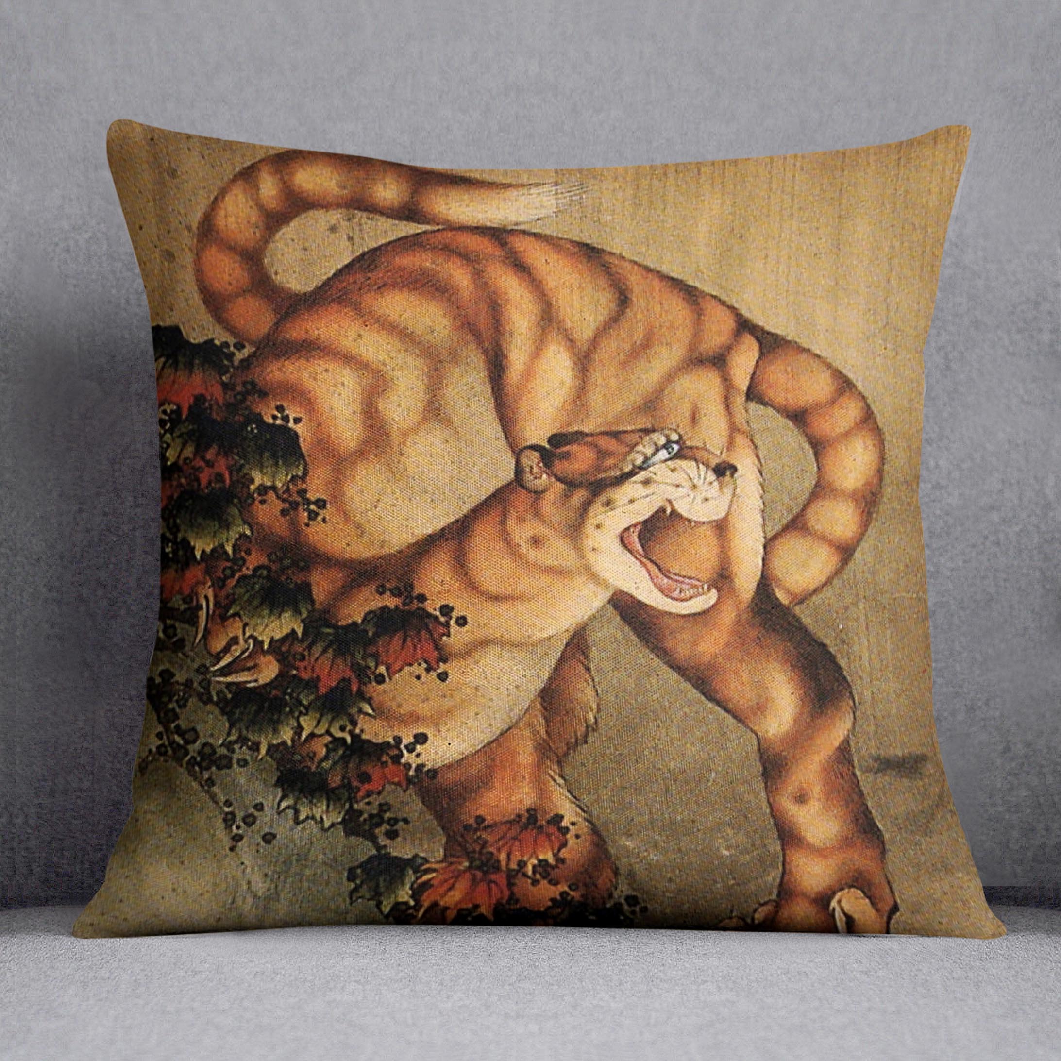 Tiger in the rain by Hokusai Cushion